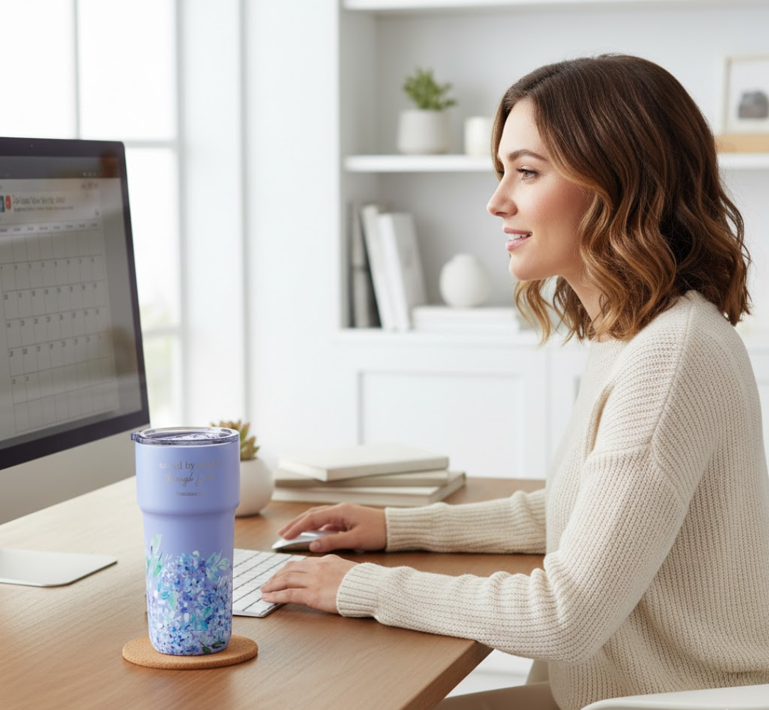 Stainless Steel Lavender Travel Mug – Ephesians 2:8 - Image 3