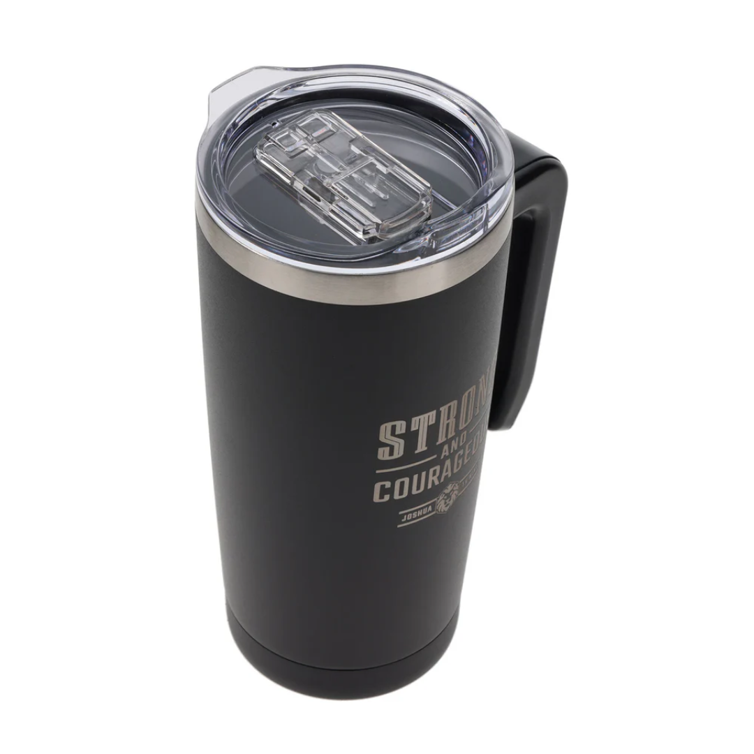 Strong and Courageous Travel Mug - Black Stainless Steel with Handle - Image 2
