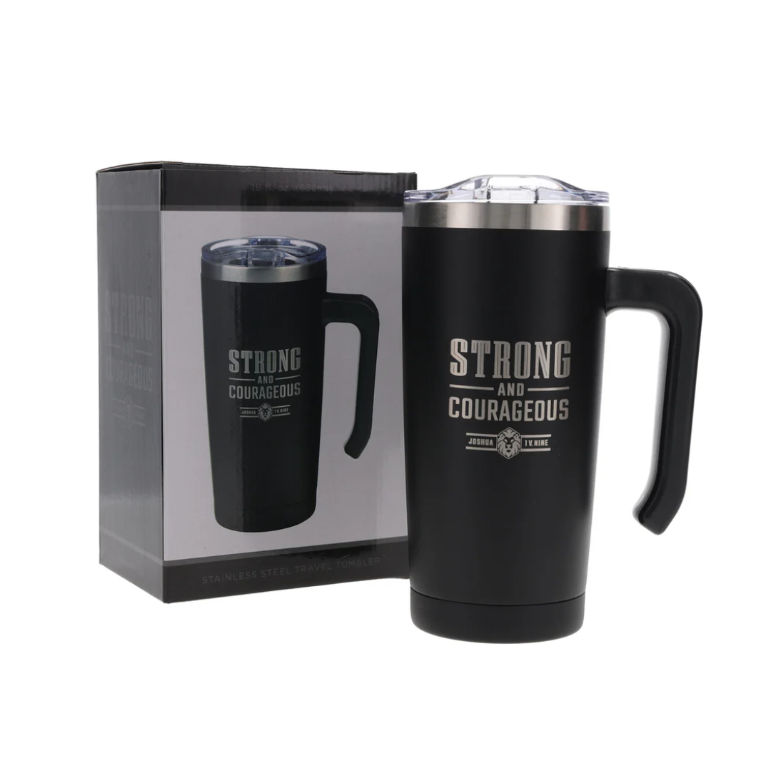 Strong and Courageous Travel Mug - Black Stainless Steel with Handle - Image 4