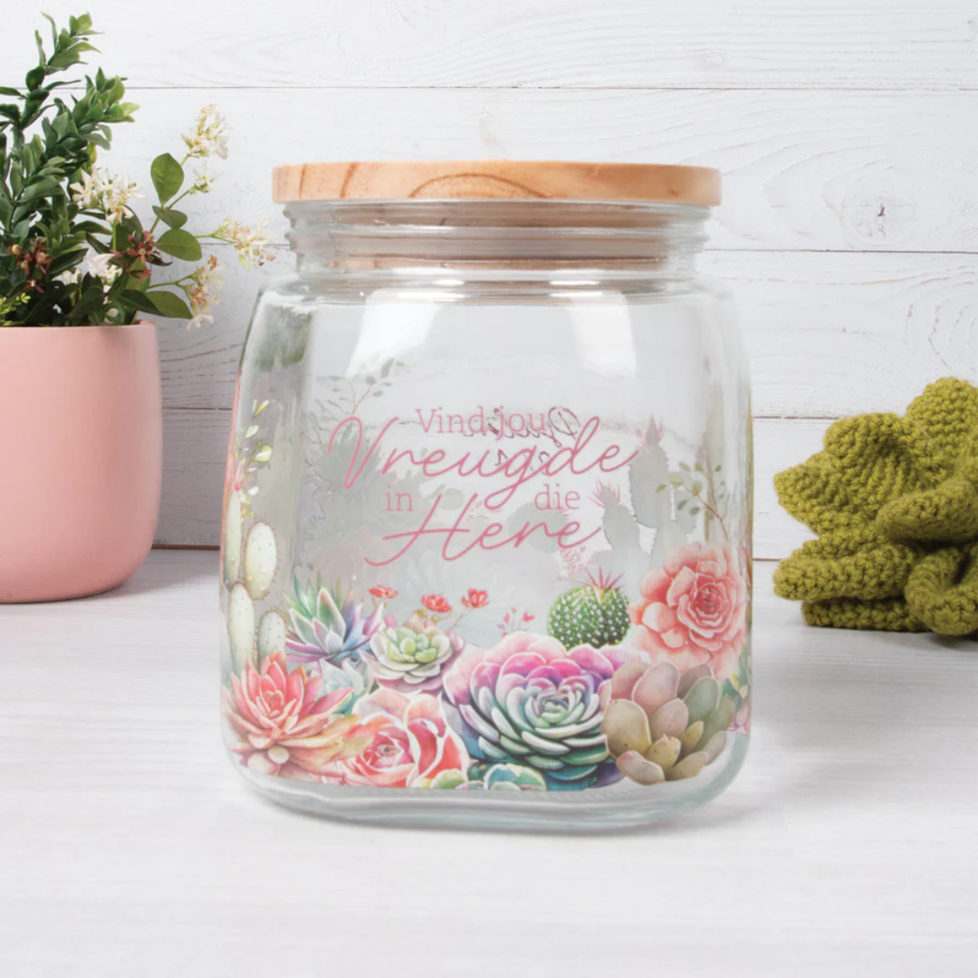 Afrikaans Glass Cookie Jar | Vind Vreugde in die Here Bamboo Lid - Image 3