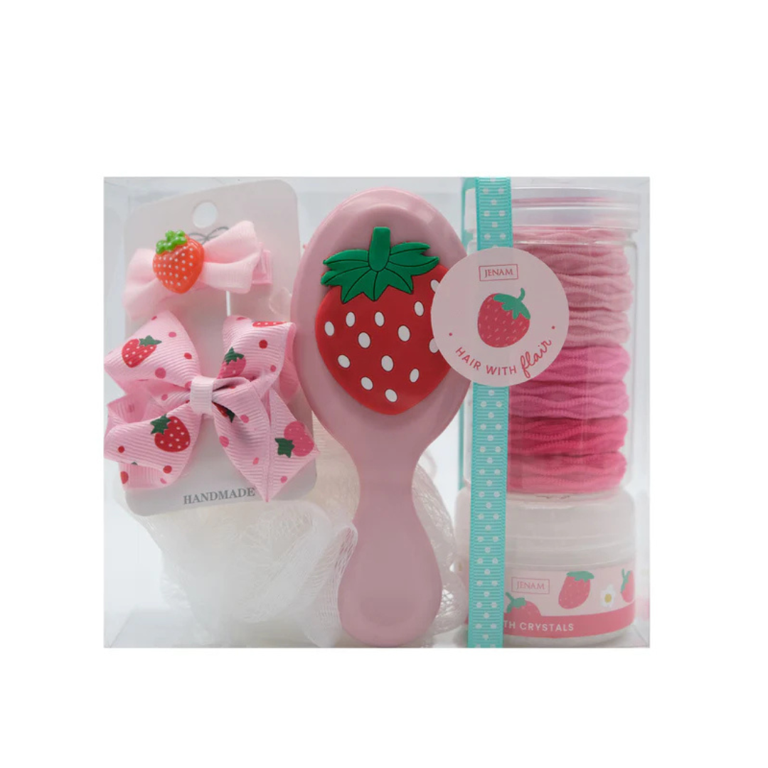 Strawberry Kisses Hair & Bath Gift Set – Accessories, Crystals & Sponge