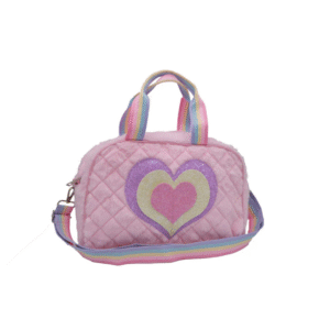 Pink Quilted Heart Bag – Cute Kids Handbag with Rainbow Strap & Glitter