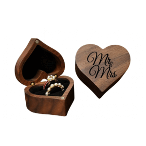 Wooden Heart-Shaped Ring Box – Engraved “Mr & Mrs” Keepsake