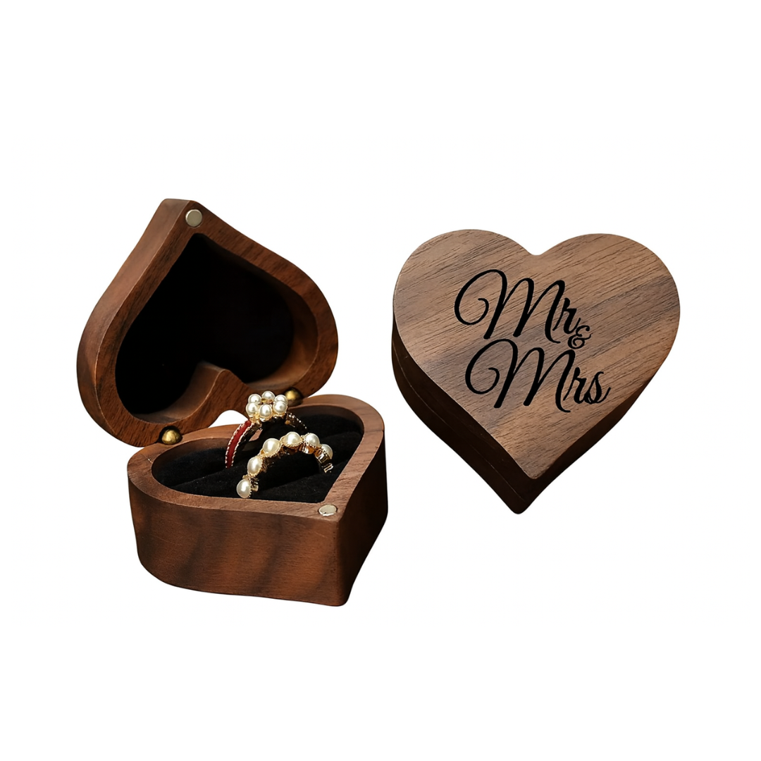Wooden Heart-Shaped Ring Box – Engraved “Mr & Mrs” Keepsake