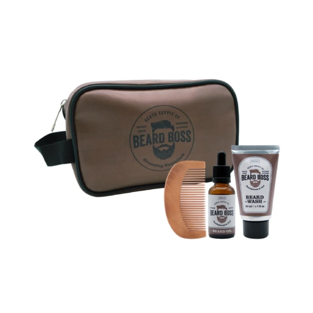 Beard Grooming Essentials Kit – Beard Oil, Wash, Comb & Toiletry Bag