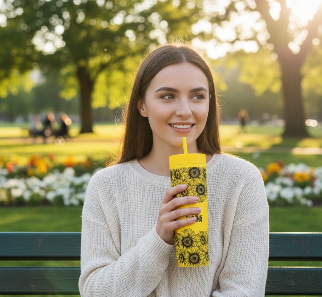 Sunflower Plastic Tumbler with Straw - Image 2