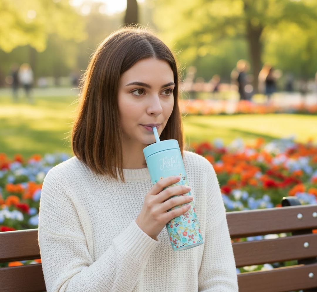 Floral Plastic Tumbler with Straw - Joyful - Image 2