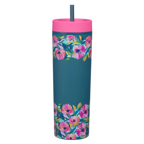 Floral Plastic Travel Tumbler with Straw - Psalm 46:10 - Image 4