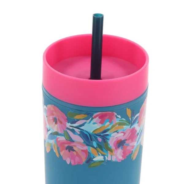 Floral Plastic Travel Tumbler with Straw - Psalm 46:10 - Image 3