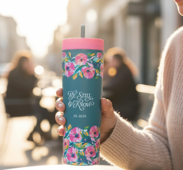 Floral Plastic Travel Tumbler with Straw - Psalm 46:10 - Image 2
