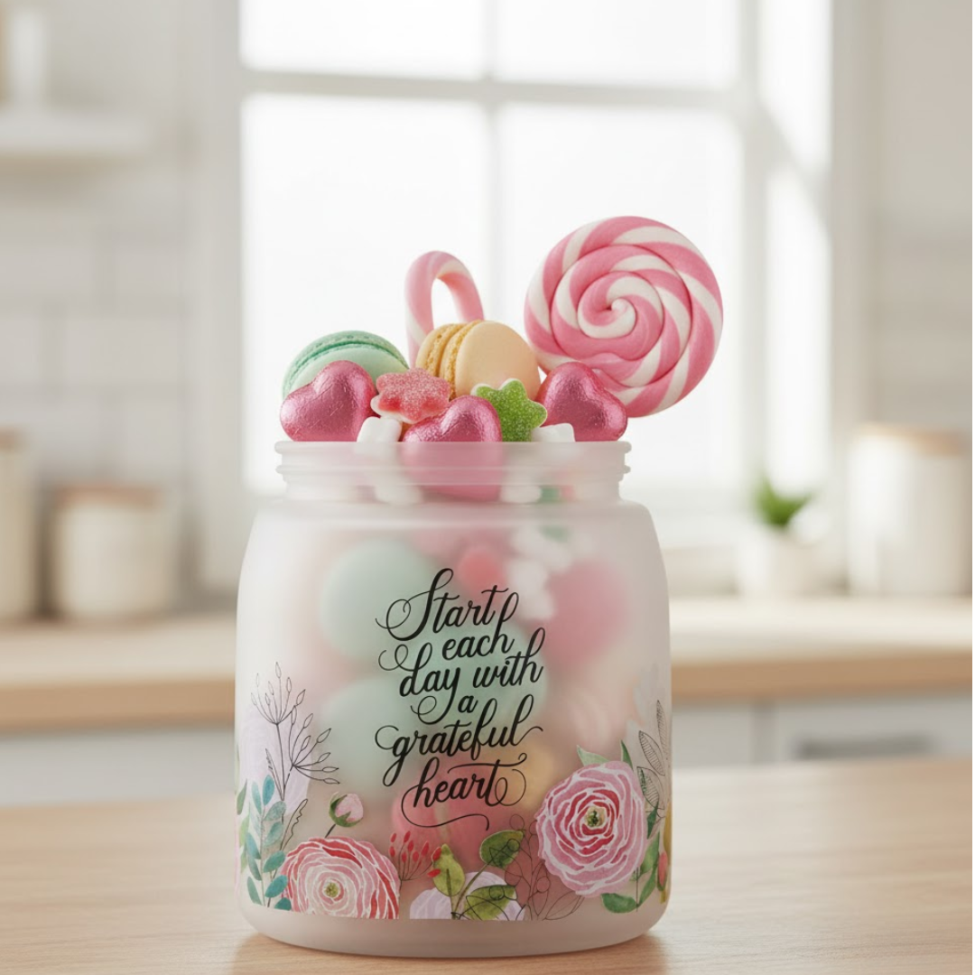 Frosted Glass Jar with Lid - Grateful Heart - Image 3