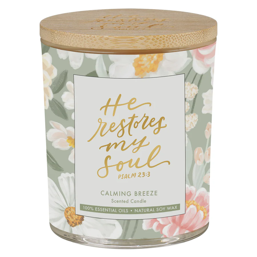 He Restores My Soul Calming Breeze Candle with Bamboo Lid | Serenity