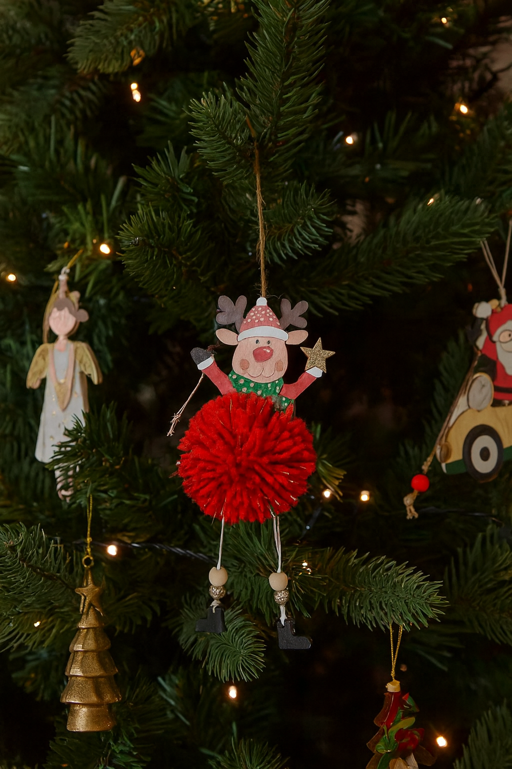 Reindeer Pom Pom Wooden Ornament - Cute Christmas Tree Decoration - Image 2