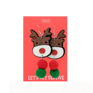 Christmas Reindeer Earrings with Pom Poms - Festive Holiday Jewelry