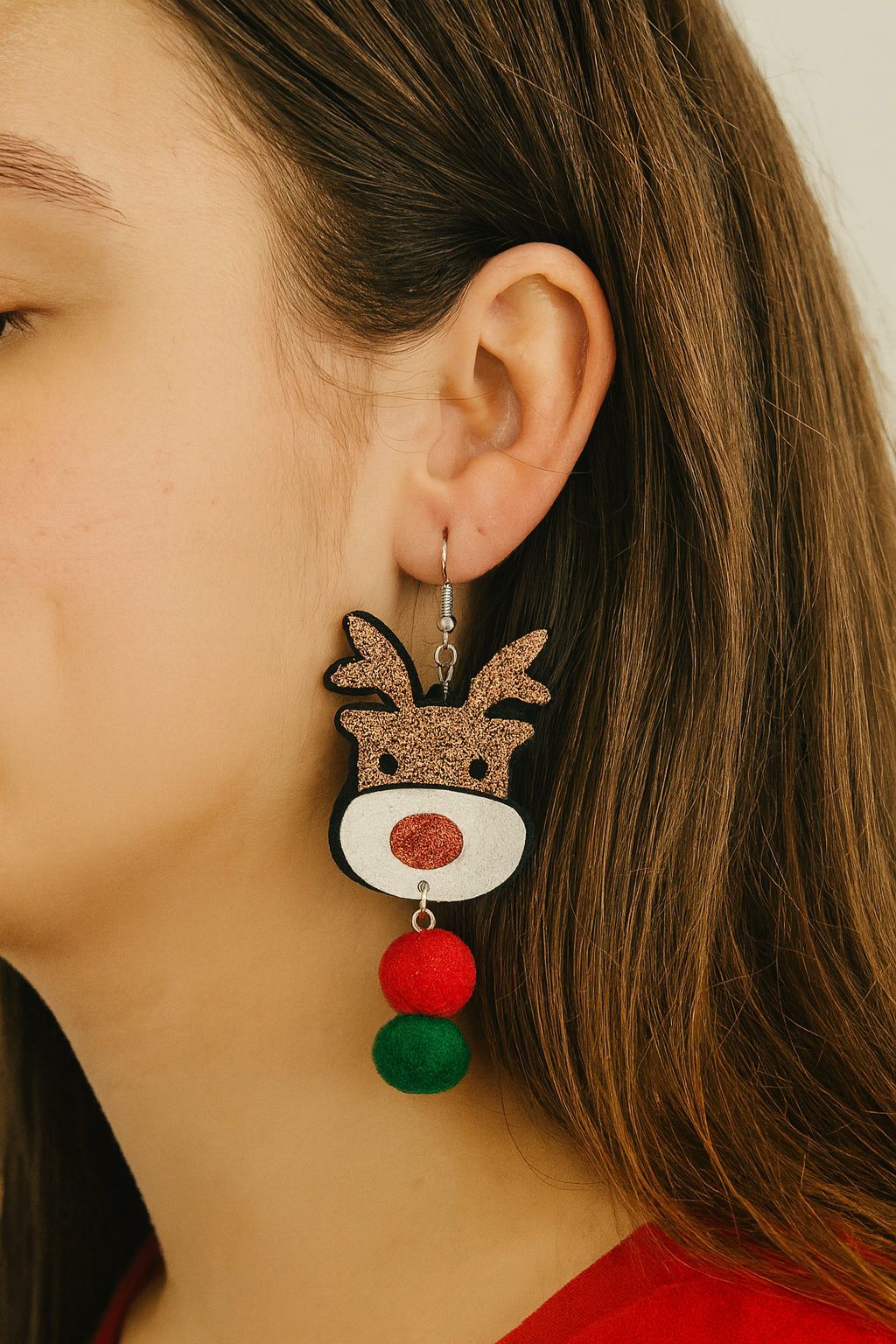 Christmas Reindeer Earrings with Pom Poms - Festive Holiday Jewelry - Image 2