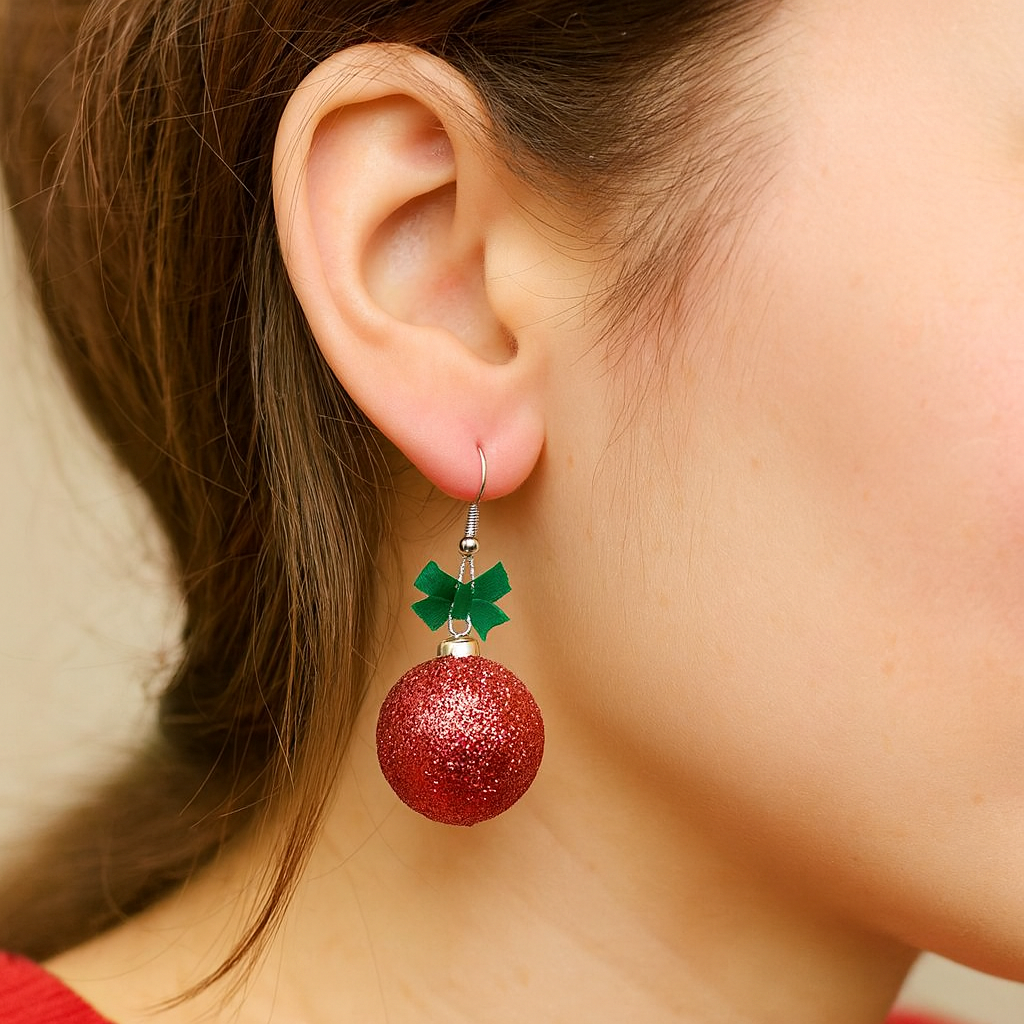 Christmas Baubles Earrings - Festive Red Glitter Holiday Jewellery Gift - Image 2