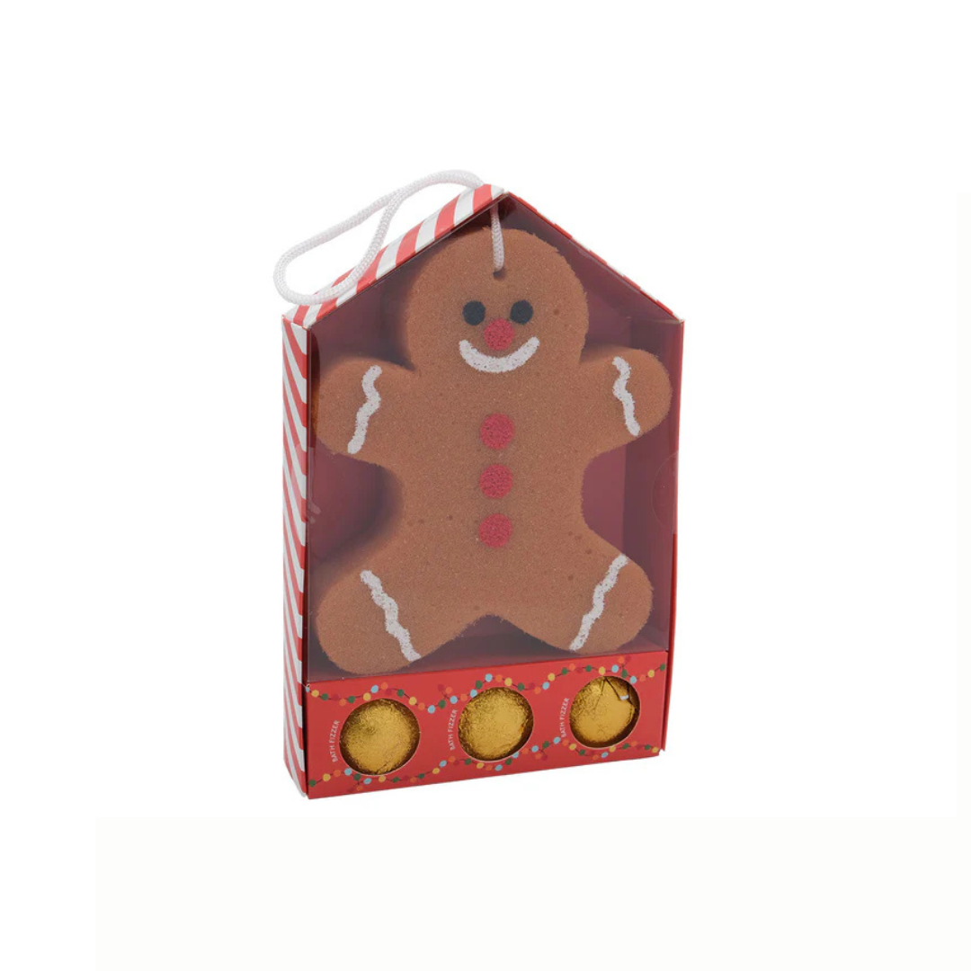 Christmas Bath time Gift Set - 3 Bath Fizzers & Gingerbread Man Sponge