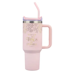 With God All Things Are Possible Pink Stainless Steel Mug w/ Straw