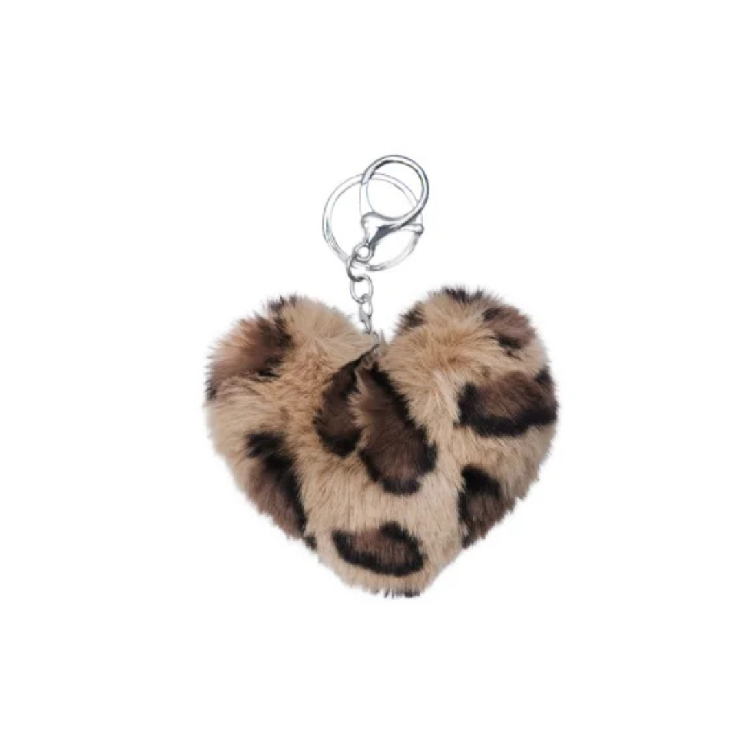 Fluffy Heart Keyring Leopard Print | Cute Plush Keychain Accessory Gift