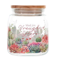 Afrikaans Glass Cookie Jar | Vind Vreugde in die Here Bamboo Lid